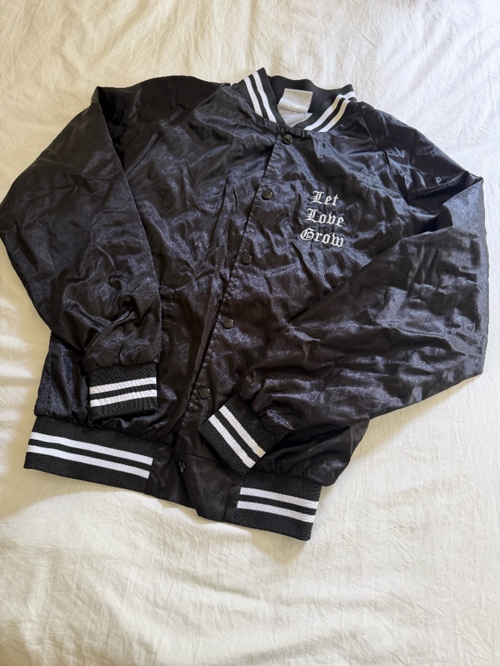 Vintage Style Black Satin Bomber Jacket | "Let Love Grow" 1 Corinthians 13